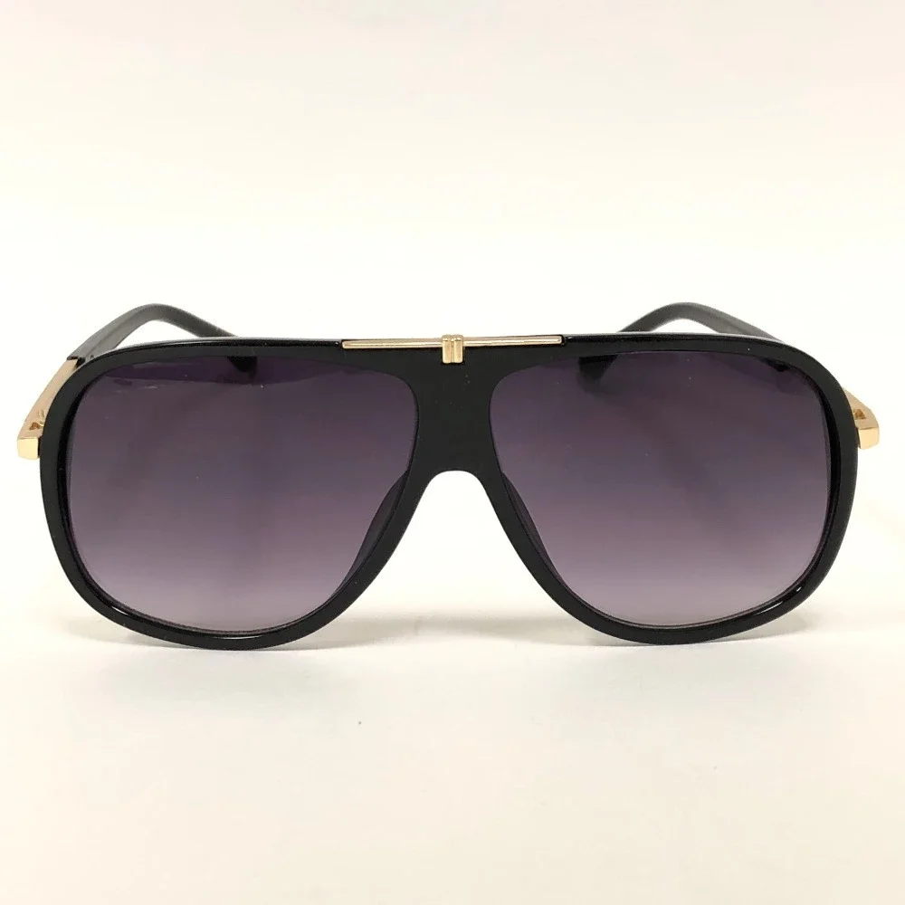Sunglasses Mens Fashion Shades Black Gold Tone Bar Black Lens Street Wear Trendy